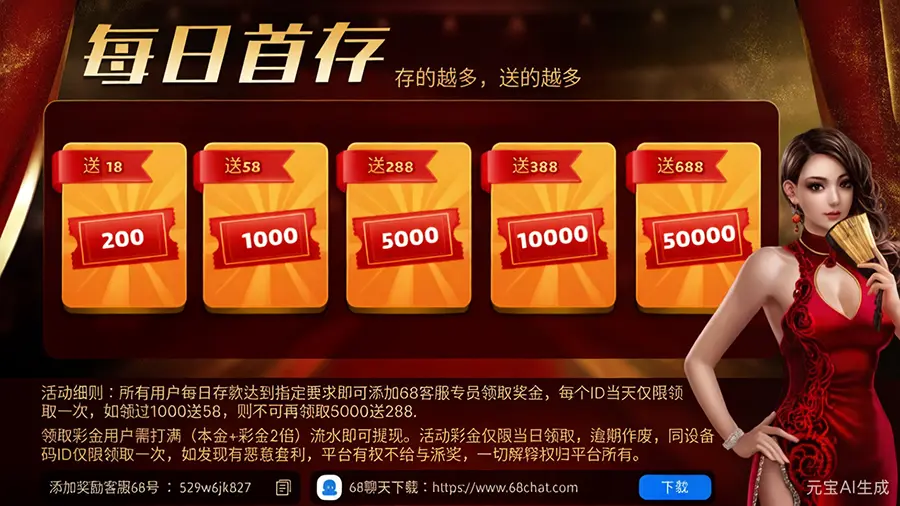 《KF6休闲游戏》每日首存赠送活动；最高赠送688
